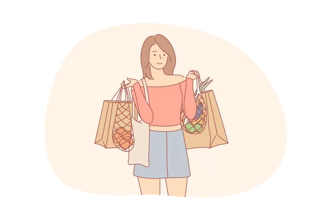 Recycling Shopping Ecology Food Zer Waste Concept Young Woman Or Girl Cartoon Character Standing Ecological Bags With Foodstuff Care About Environment Eco Friendly Sorting Garbage And Recycling 일러스트레이션
