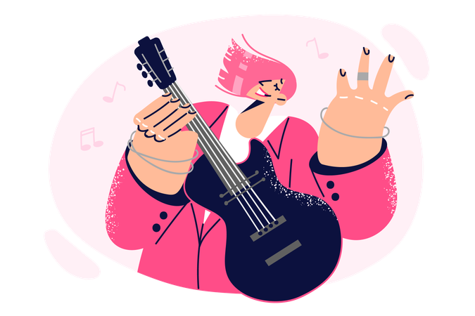 Woman with guitar performs at rock concert playing own compositions  Illustration
