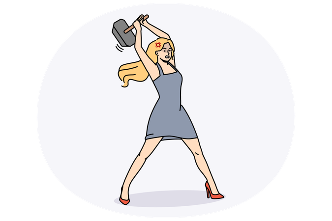 Woman with hammer in hands feel powerful  Illustration