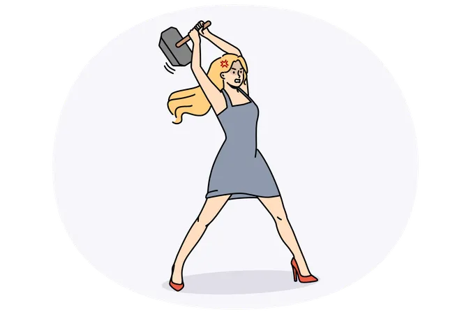 Woman with hammer in hands feel powerful  Illustration