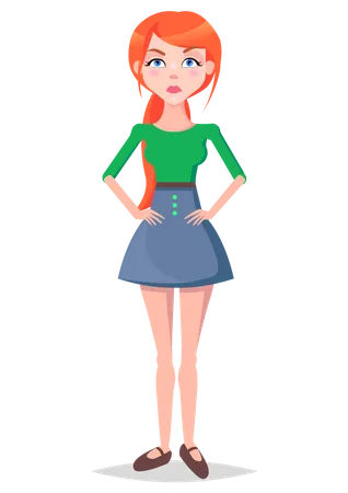 Woman With Hands On Waist Isolated On White Frustrated Redhead Girl Avatar Userpic In Flat Style Design Vector Illustration Of Up Human Emotion In Green Blouse And Blue Skirt Angry Lady Illustration