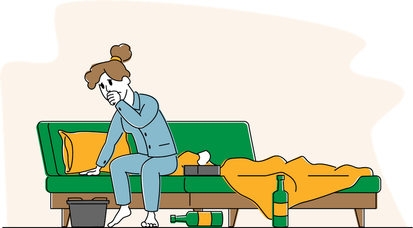 Woman with Hangover Syndrome Sitting on Bed with Empty Alcohol Bottles and Basin after Party  Illustration