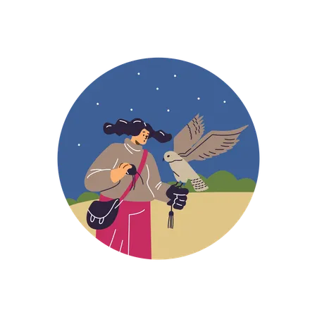 Woman with hawking glove holding falcon on nature landscape Illustration