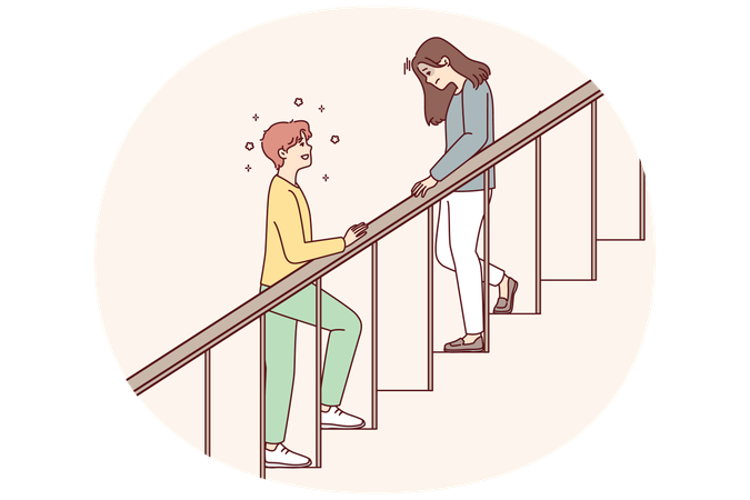 頭を下げた女性が階段を下り、男性は最愛のガールフレンドを待っている  イラスト