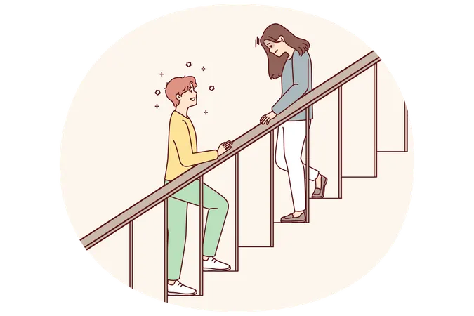 頭を下げた女性が階段を下り、男性は最愛のガールフレンドを待っている  イラスト