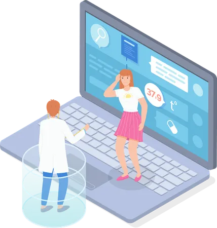 Isometric Illustration Of Laptop With Online Consultation Of Doctor Patient Physician Give Advices Patient Have A Headache Bad Feeling Medical Website Virtual Help At Distance Online Medicine Illustration