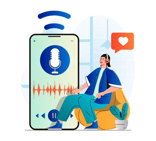 Woman with headphones is enjoying podcast  Illustration