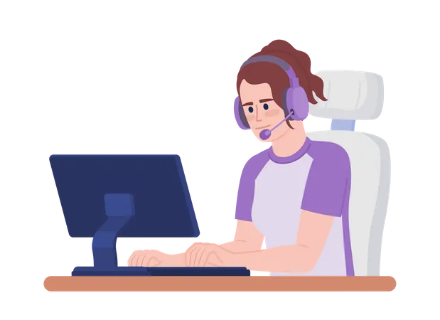 Woman with headset playing on computer Illustration