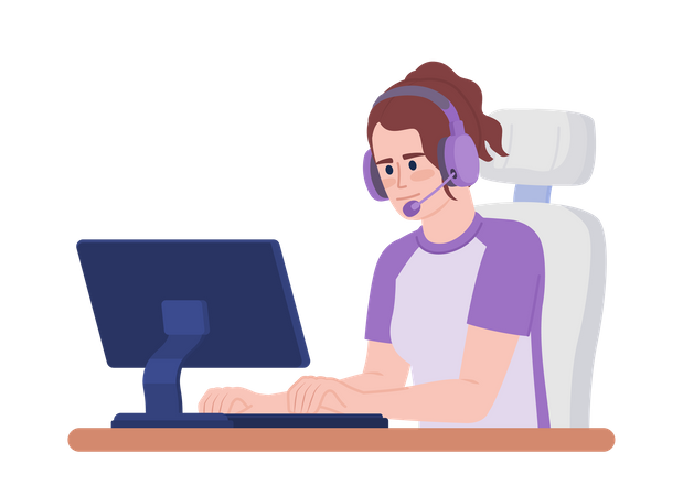 Woman with headset playing on computer  Illustration