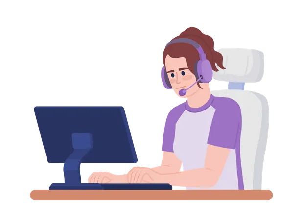 Woman with headset playing on computer  Illustration