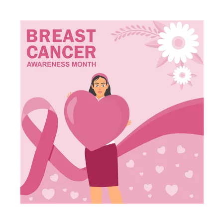 Woman with heart sign spreading awareness for breast cancer  Illustration