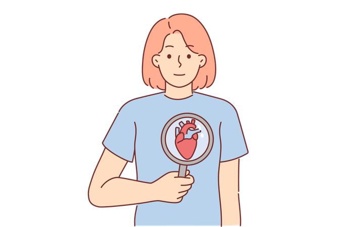 Woman with heart under magnifying glass calls for attention to cardiovascular system  Illustration