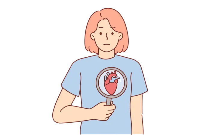 Woman With Heart Under Magnifying Glass Calls For Attention To Health Of Cardiovascular System Girl With Cardiovascular Disease Reminds Of Importance Of Prevention And Timely Treatment Illustration
