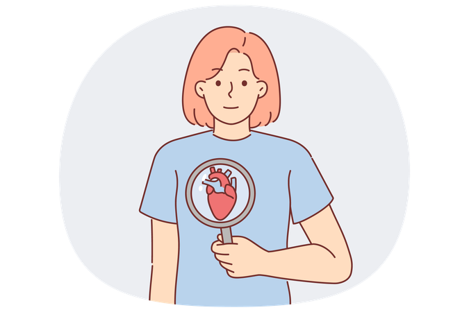 Woman with heart under magnifying glass calls for attention to health of cardiovascular system  Illustration