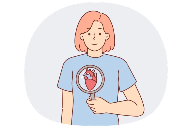 Woman with heart under magnifying glass calls for attention to health of cardiovascular system  Illustration