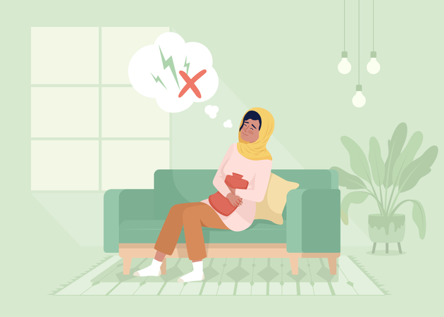 Woman with heating pad relieving menstrual pain  Illustration