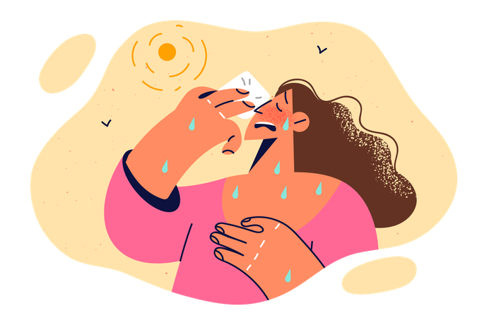Woman with heatstroke wipes sweat from face  Illustration