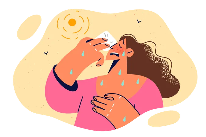 Woman with heatstroke wipes sweat from face  Illustration