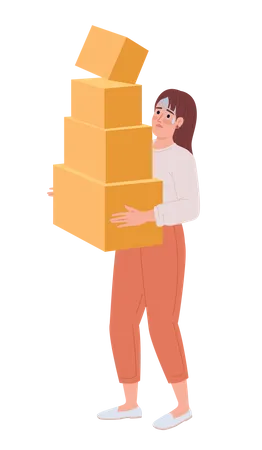 Woman With Heavy Carton Boxes Pile In Hands Semi Flat Color Vector Character Editable Figure Full Body Person On White Simple Cartoon Style Spot Illustration For Web Graphic Design And Animation Illustration