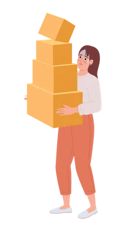 Woman with heavy carton boxes pile in hands  Illustration