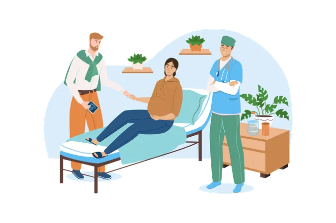Medical Office Blue Concept With People Scene In The Flat Cartoon Design Woman With Her Husband Came To Give Birth In A Good Clinic Vector Illustration Illustration
