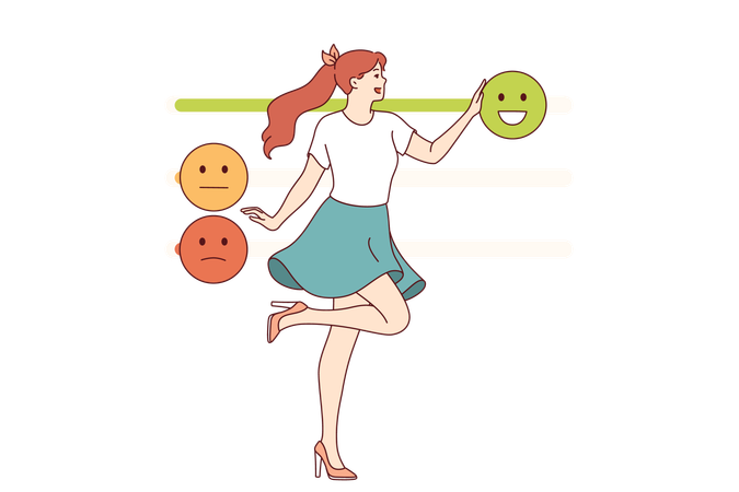 Woman with high emotional intelligence controls own behavior and moves emoji sliders  Illustration