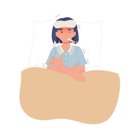 Woman With High Fever Shivering On Bed Fever Treatment  Illustration