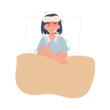 Woman With High Fever Shivering On Bed Fever Treatment  Illustration