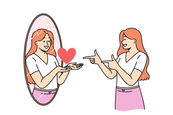 Woman with high self-esteem looks in mirror and sees reflection with heart as metaphor for self-love  Illustration