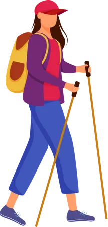 Woman With Hiking Sticks Flat Vector Illustration Camping Activity Cheap Travelling Choice Active Vacation Budget Tourism Walking Tour Isolated Cartoon Character On White Background 일러스트레이션