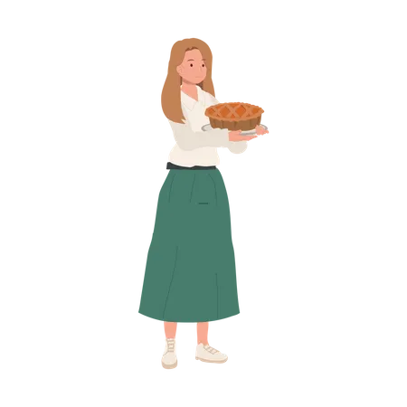Woman With Homemade Pumpkin Pie Female Chef Cooking Holiday Dessert Woman Holding Pumpkin Pie Illustration