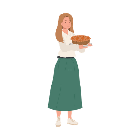 Woman with Homemade Pumpkin Pie  Illustration