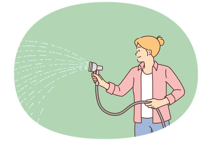 Woman with hose waters lawn with grass tending to sward in backyard to avoid drying out plants  Illustration