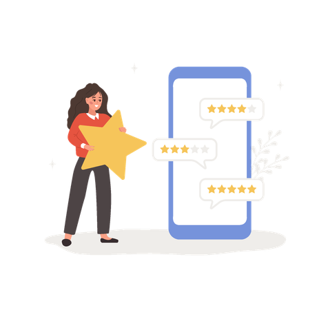Woman with huge star standing near big smartphone and reading testimonials  Illustration