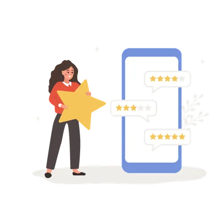Customer Feedback Mobile Phone Screen With Clients Reviews Woman With Huge Star Standing Near Big Smartphone And Reading Testimonials Or Leaving Comment Vector Illustration In Flat Cartoon Style Illustration
