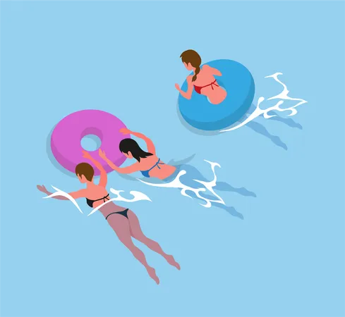 Girls In Bikini Swimsuit Swimming In Inflatable Round Blue Circles Vector Women Back View In Rubber Donut Sunbathing Person Resting At Sea Or Ocean Illustration