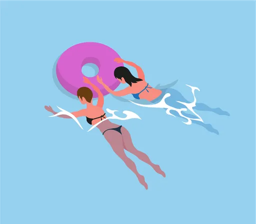 Women In Bikini Swimsuit Swimming In Inflatable Round Circles Isolated Vector Girls Back View In Rubber Safety Toy Donut Ring And Bathing Females Illustration