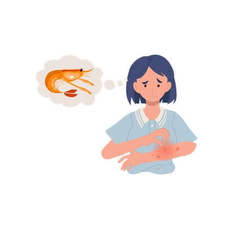 Woman with itchy red rash on arm with seafood allergy  イラスト