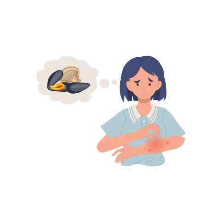 Woman with itchy red rash on arm with seafood allergy  イラスト