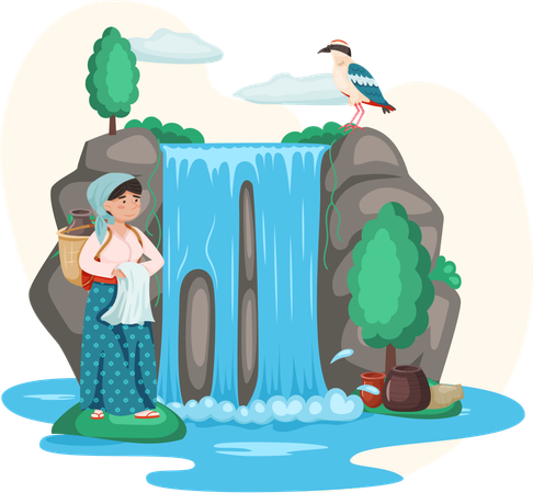 Woman with jug stands near waterfall  Illustration