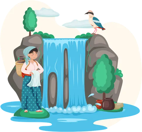 Woman with jug stands near waterfall  Illustration