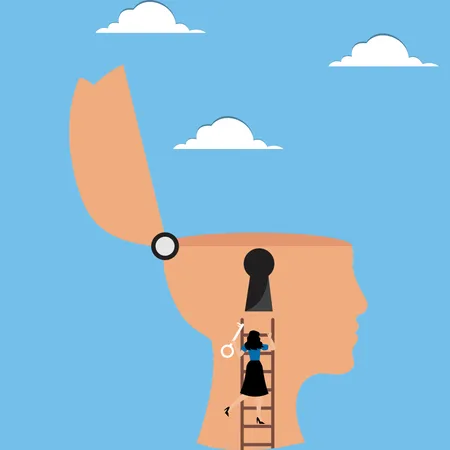 Woman with key climbs ladder to head  Illustration