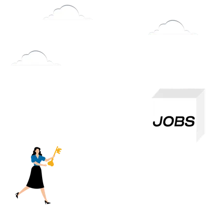 Woman with key runs to the word jobs  Illustration