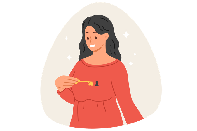 Woman with key to heart and keyhole in chest as metaphor for love and readiness for relationship  イラスト