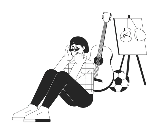 Lack Of Interest In Hobbies Black And White Cartoon Flat Illustration Anhedonia Indifferent Woman 2 D Lineart Character Isolated Seasonal Affective Disorder Monochrome Scene Vector Outline Image Illustration