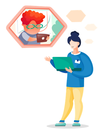 Woman with laptop communicating with colleague with by video call Illustration