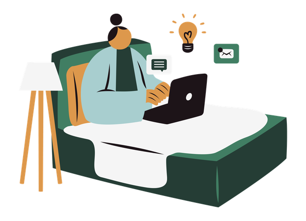 Woman with laptop in bed  Illustration