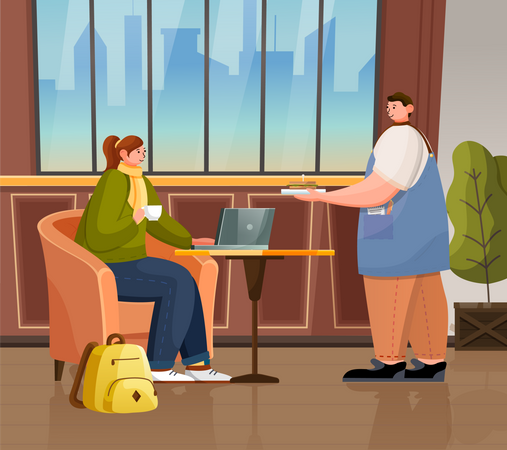 Woman with Laptop in Cafe  Illustration