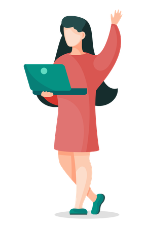 Woman with Laptop in Red Dress Waving Hand  Illustration