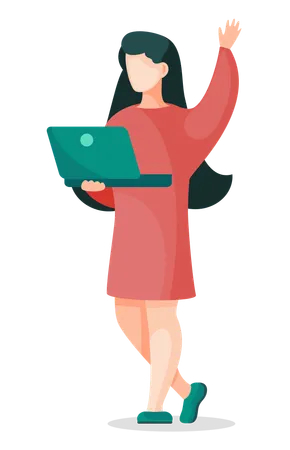 Woman with Laptop in Red Dress Waving Hand  Illustration